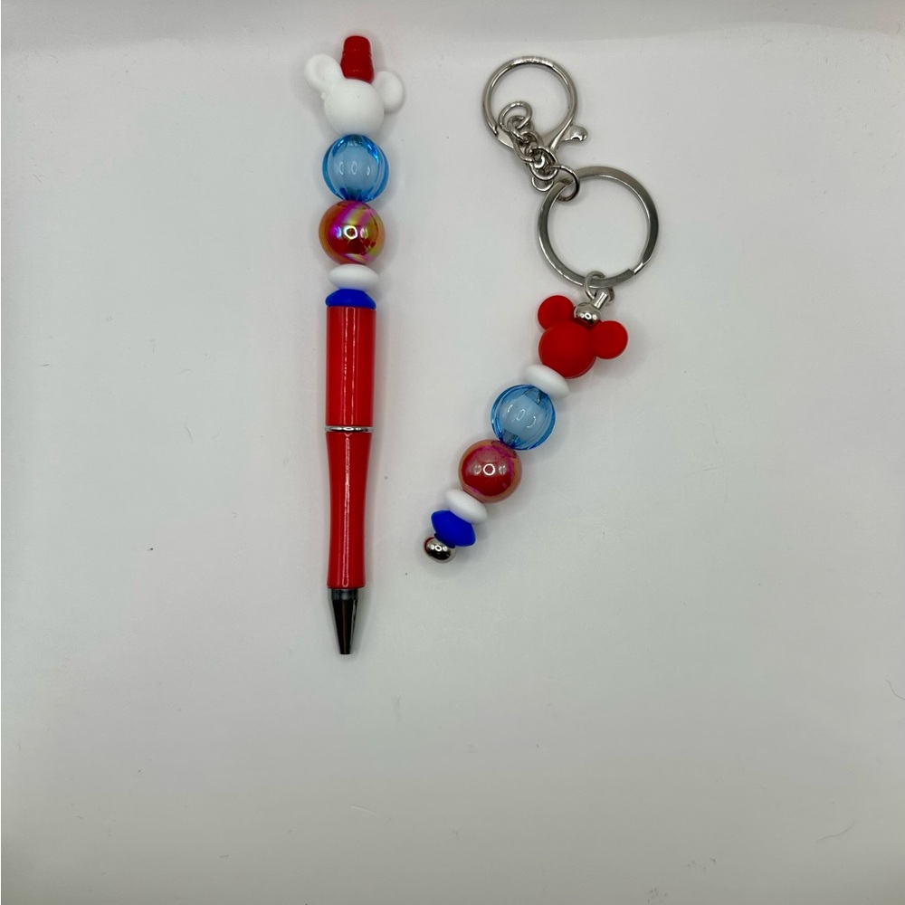 Mouse ears patriotic beaded Pen and Keychain Set